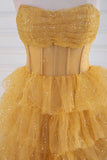 Sparkly Tulle Tiered Ruffles Gold Prom Dress Strapless Evening Dress TP1316-Tirdress