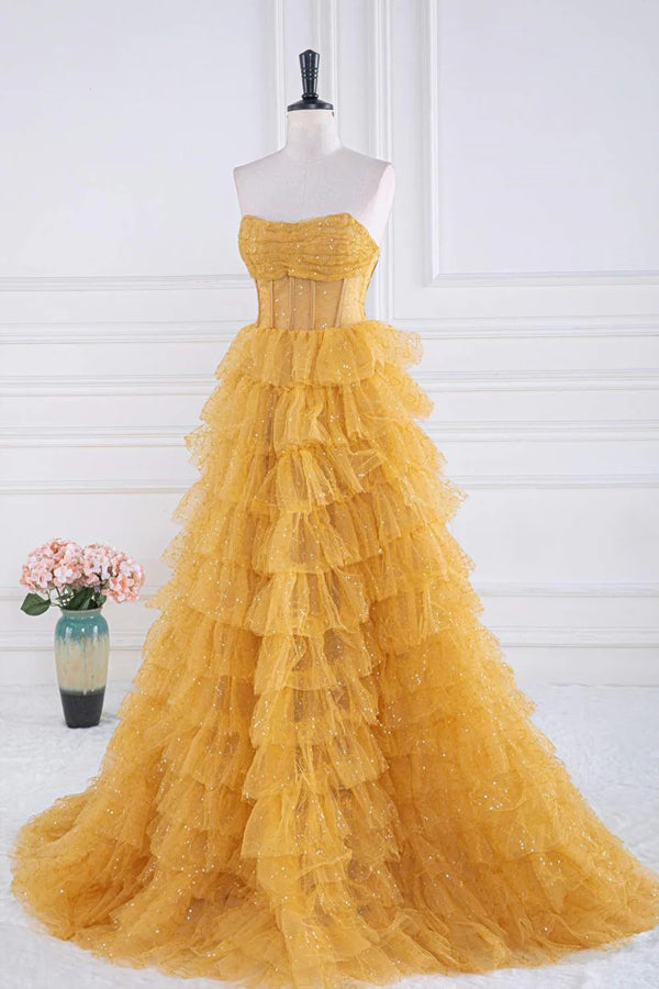 Sparkly Tulle Tiered Ruffles Gold Prom Dress Strapless Evening Dress TP1316-Tirdress