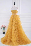 Sparkly Tulle Tiered Ruffles Gold Prom Dress Strapless Evening Dress TP1316-Tirdress