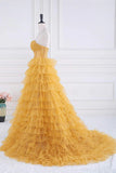Sparkly Tulle Tiered Ruffles Gold Prom Dress Strapless Evening Dress TP1316-Tirdress