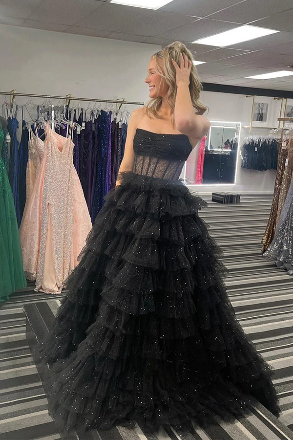 Sparkly Tulle Tiered Ruffles Gold Prom Dress Strapless Evening Dress TP1316-Tirdress