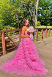 Sparkly Tulle Tiered Ruffles Gold Prom Dress Strapless Evening Dress TP1316-Tirdress