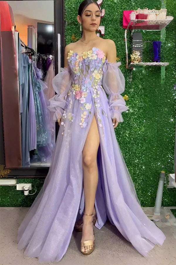Strapless 3D Floral Lavender Prom Dress with Detachable Sleeves TP1385-Tirdress