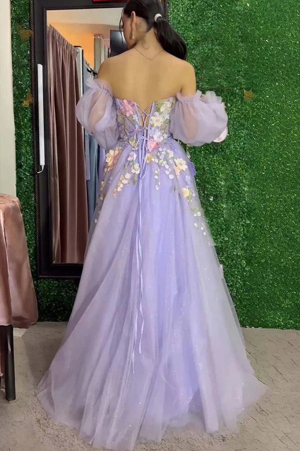 Strapless 3D Floral Lavender Prom Dress with Detachable Sleeves TP1385-Tirdress