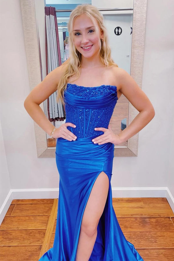 Strapless Appliques Satin Mermaid Black Long Prom Dress TP1325-Tirdress