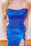 Strapless Appliques Satin Mermaid Black Long Prom Dress TP1325-Tirdress