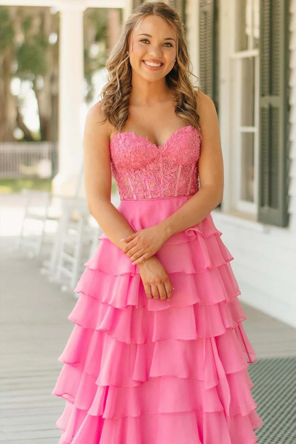 Strapless Lace Bodice Slit Pink Prom Dress with Ruffle Skirt TP1390-Tirdress