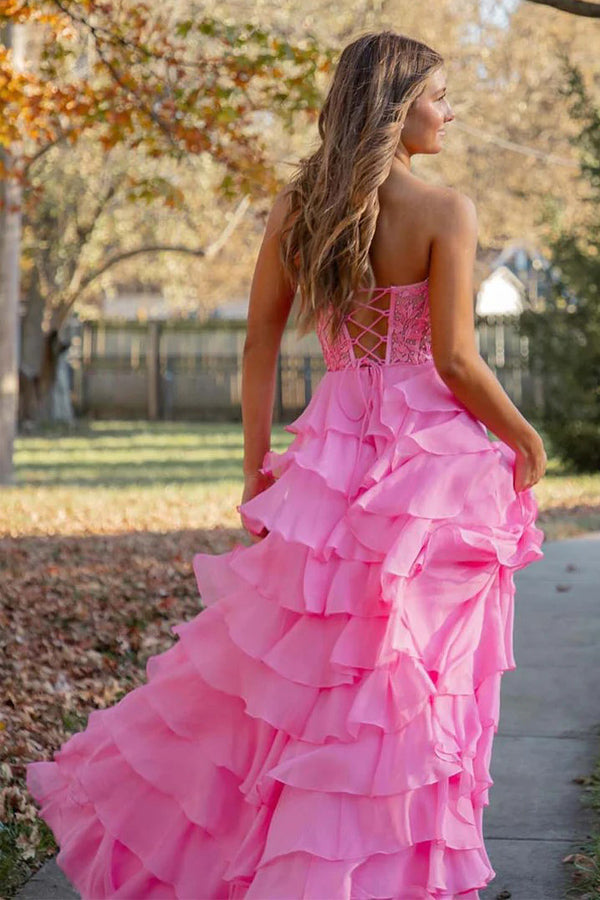 Strapless Lace Bodice Slit Pink Prom Dress with Ruffle Skirt TP1390-Tirdress