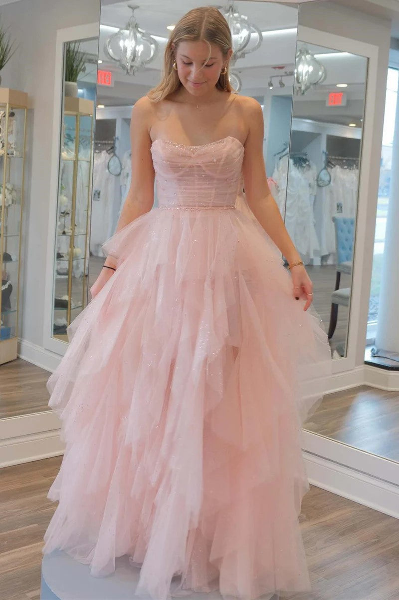 Robe de bal sans bretelles en tulle pailleté rose clair à paillettes et perles TP1259
