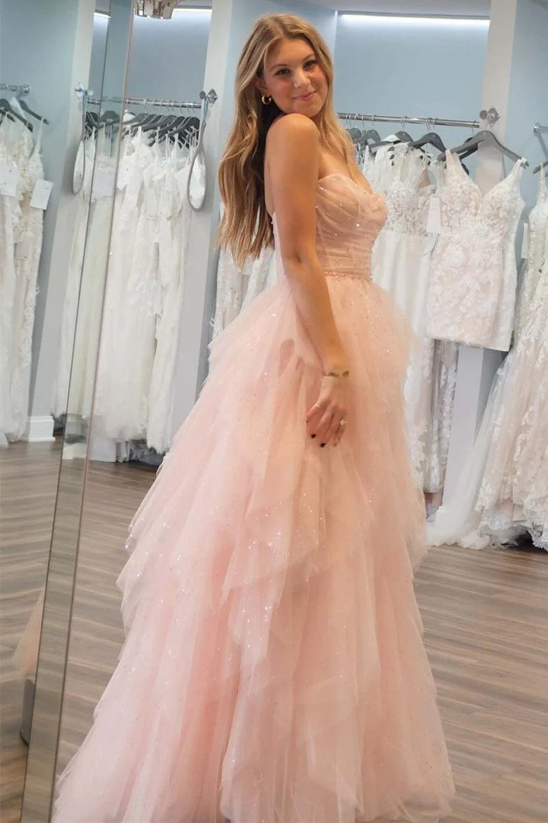 Robe de bal sans bretelles en tulle pailleté rose clair à paillettes et perles TP1259