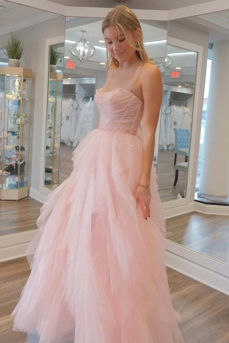 Robe de bal sans bretelles en tulle pailleté rose clair à paillettes et perles TP1259