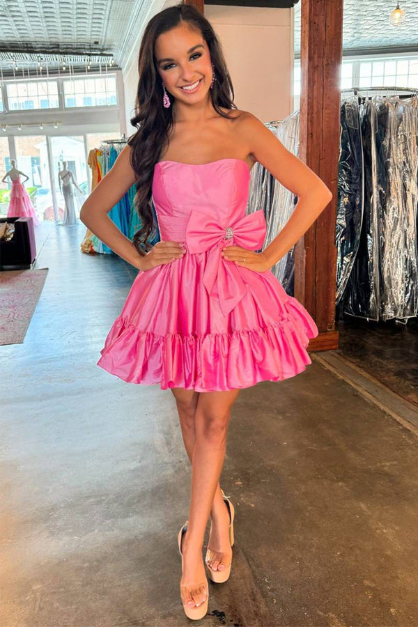 Strapless Pink A-line Short Homecoming Dress with Bow HD0209-Tirdress