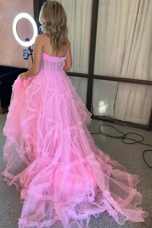 Strapless Ruffles A-Line Red Long Prom Dress with Puff Sleeves TP1360-Tirdress