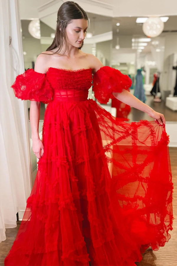 Strapless Ruffles A-Line Red Long Prom Dress with Puff Sleeves TP1360-Tirdress