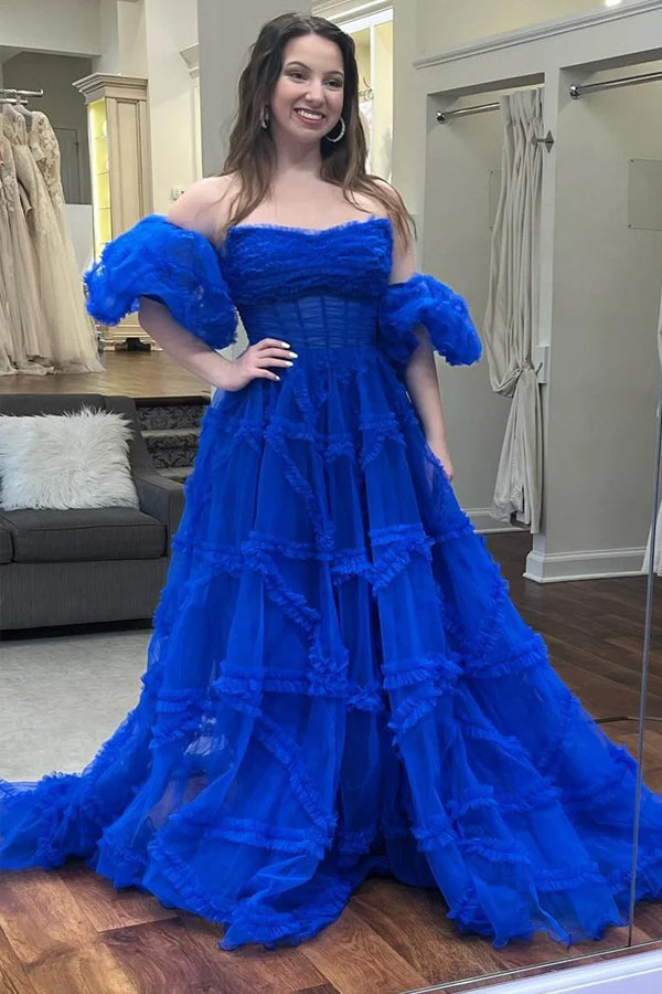 Strapless Ruffles A-Line Red Long Prom Dress with Puff Sleeves TP1360-Tirdress