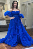 Strapless Ruffles A-Line Red Long Prom Dress with Puff Sleeves TP1360-Tirdress