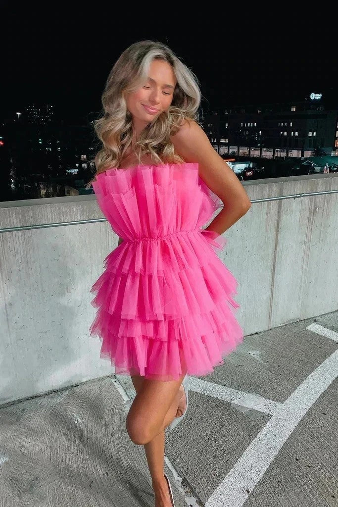 Strapless Tiered Tulle Pink Homecoming Dress Sweet 16 Dress TN435-Tirdress
