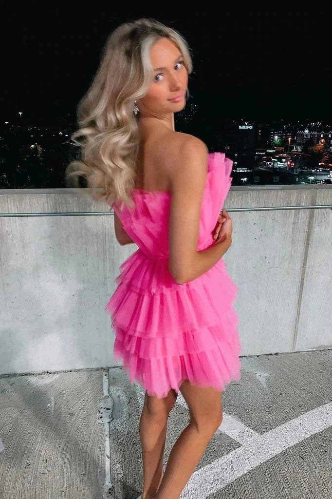 Strapless Tiered Tulle Pink Homecoming Dress Sweet 16 Dress TN435-Tirdress