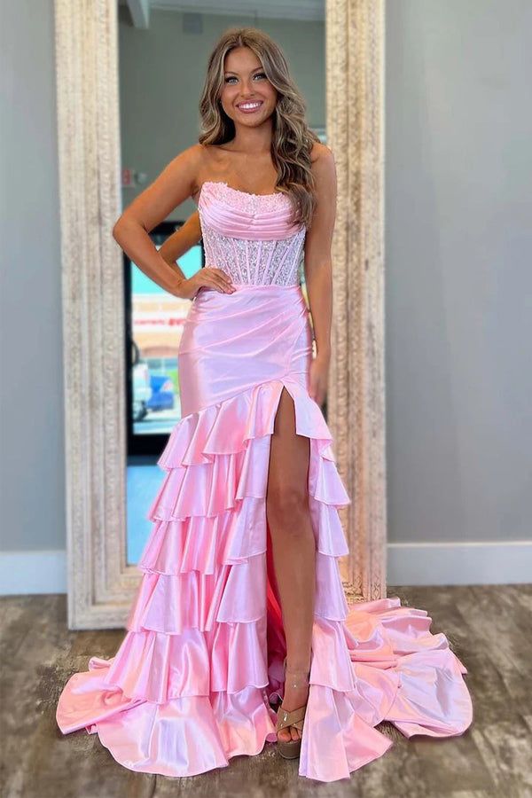 Strapless Corset Pink Prom Dress Party Dress with Ruffle Skirt TP1393