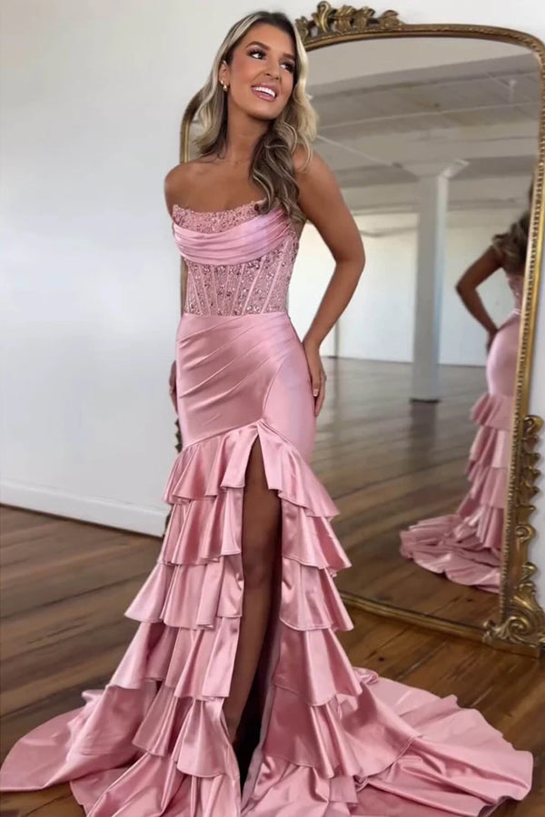 Strapless Corset Pink Prom Dress Party Dress with Ruffle Skirt TP1393