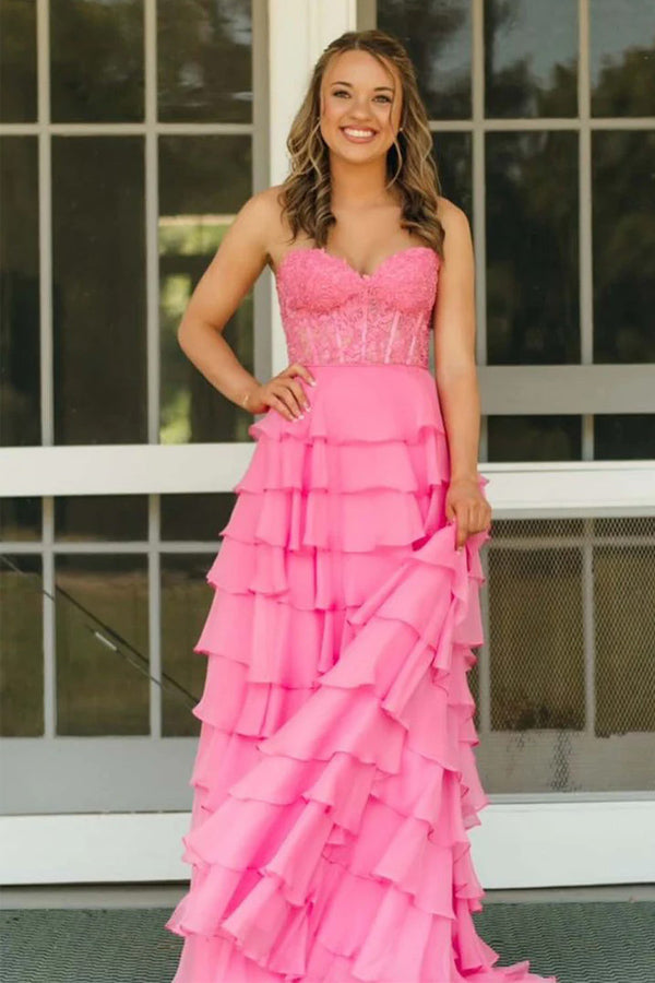 Strapless Lace Bodice Slit Pink Prom Dress with Ruffle Skirt TP1390-Tirdress