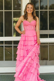 Strapless Lace Bodice Slit Pink Prom Dress with Ruffle Skirt TP1390