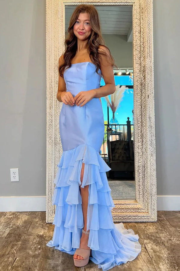 Strapless Ruffle Mermaid Light Blue Prom Dress With Split TP1334-Tirdress