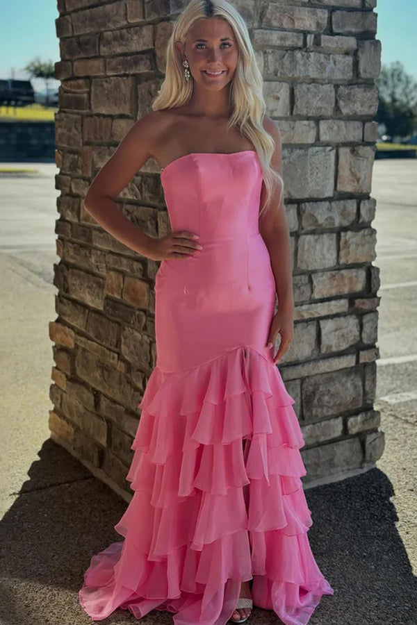 Strapless Ruffle Mermaid Light Blue Prom Dress With Split TP1334-Tirdress