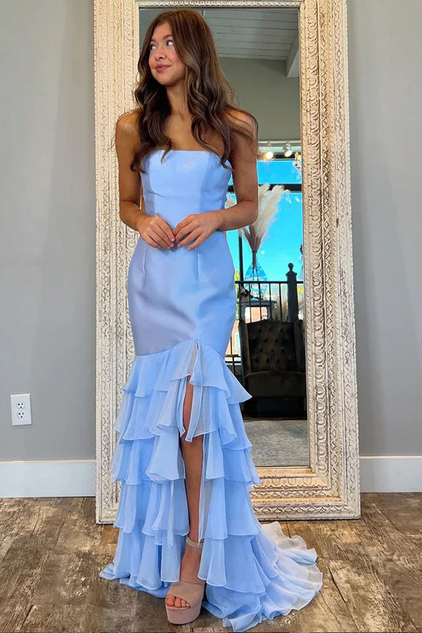 Strapless Ruffle Mermaid Light Blue Prom Dress With Split TP1334-Tirdress