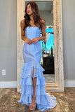 Strapless Ruffle Mermaid Light Blue Prom Dress With Split TP1334-Tirdress