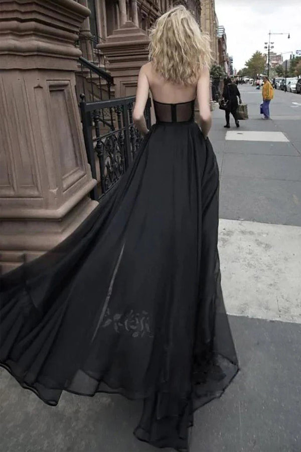 Strapless See Through Chiffon Lace Black Prom Dress Evening Dress TP1313-Tirdress