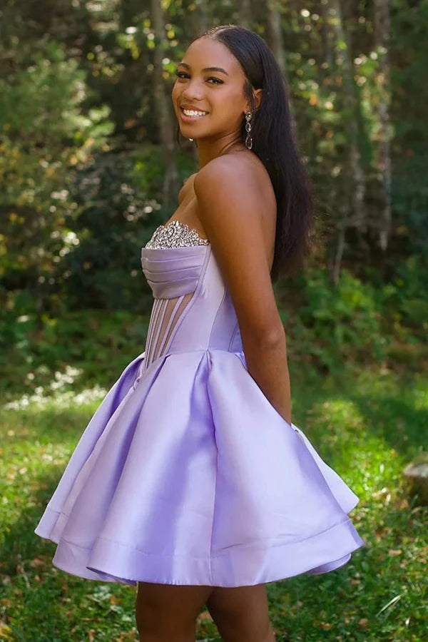 Strapless Sheer Corset Bodice Lavender Homecoming Dress TN426-Tirdress