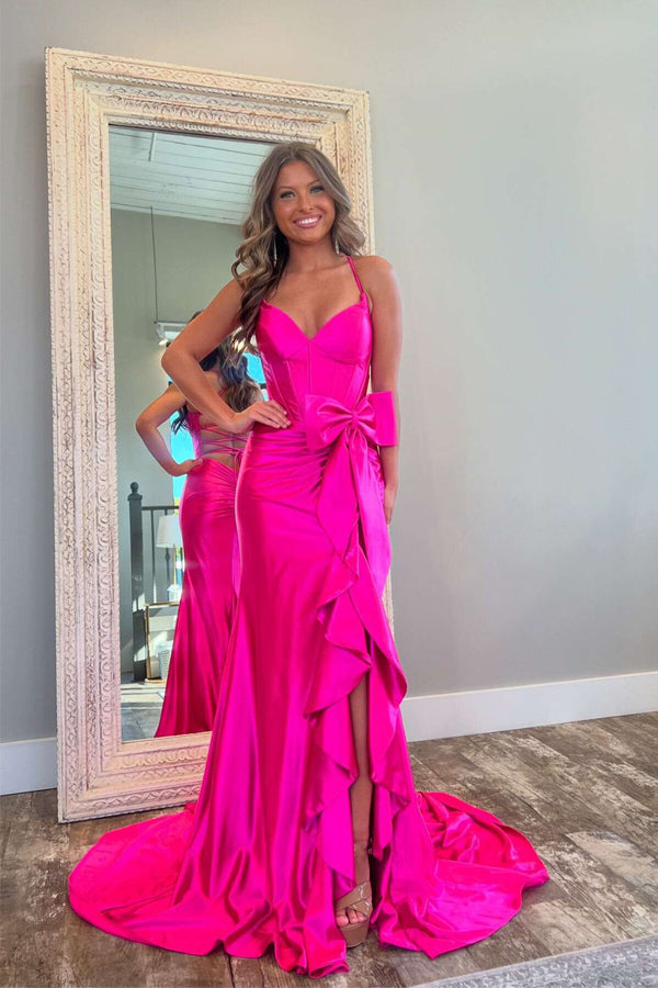Straps Satin Mermaid Split Hot Pink Prom Dress with Bow TP1422