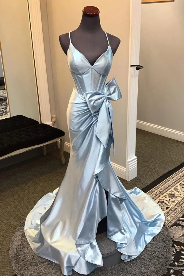 Träger Satin Meerjungfrau Split Hot Pink Ballkleid mit Schleife TP1422