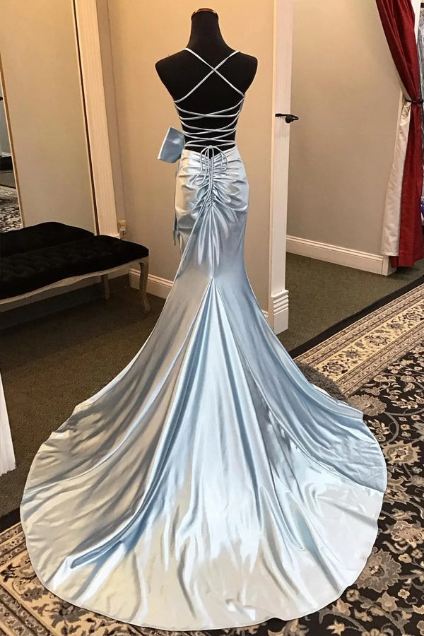 Träger Satin Meerjungfrau Split Hot Pink Ballkleid mit Schleife TP1422