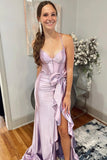 Träger Satin Meerjungfrau Split Hot Pink Ballkleid mit Schleife TP1422