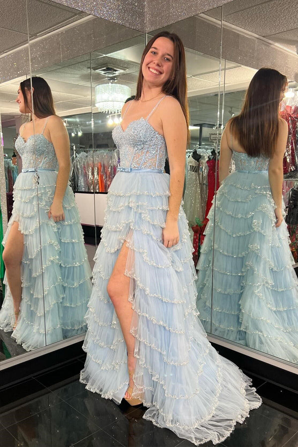 Straps Sequined Multi-Layers Floral Long Prom Dress with Slit TP1322-Tirdress