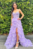 Straps Sequined Multi-Layers Floral Long Prom Dress with Slit TP1322-Tirdress
