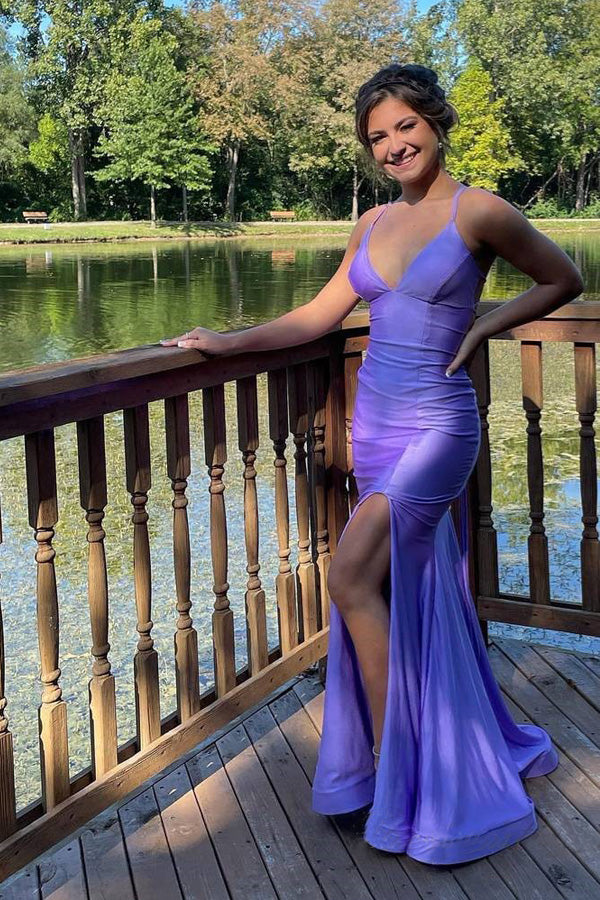 Straps Sheath Mermaid Lilac Long Prom Dress with Lace Up TP1356-Tirdress