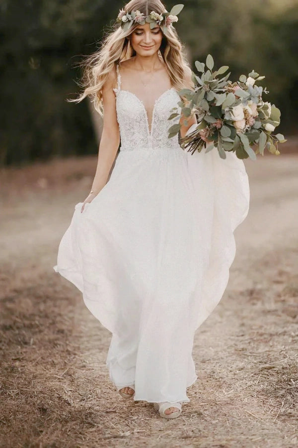 Straps  V-Neck A-Line Chiffon Long Wedding Dresses with Appliques TD002-Tirdress