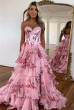 Sweetheart Blue Floral Print Ruffle Prom Dress with Slit TP1408-Tirdress