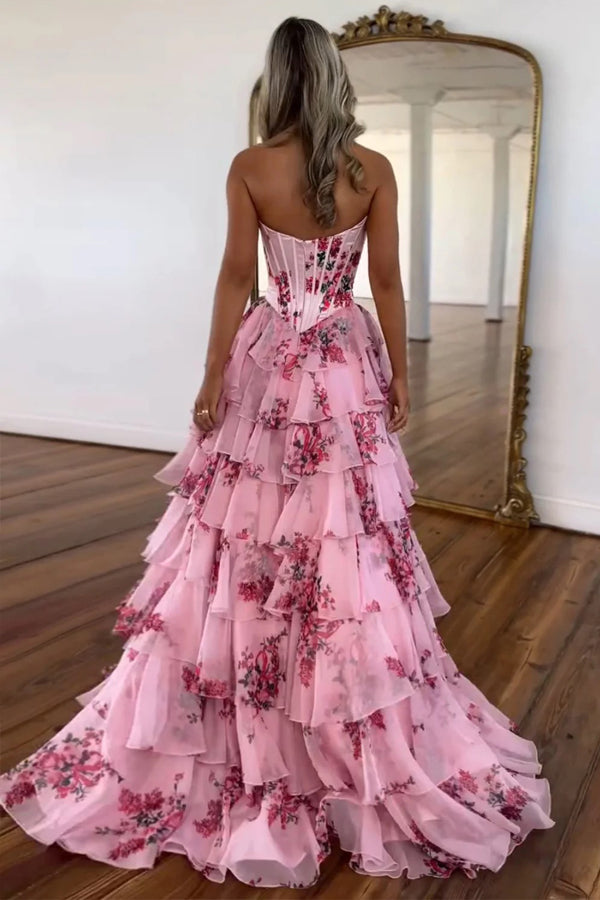 Sweetheart Blue Floral Print Ruffle Prom Dress with Slit TP1408-Tirdress