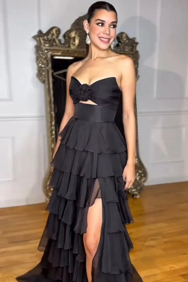Sweetheart Strapless Chiffon Flower Long Prom Dress with Slit TP1371 -Tirdress