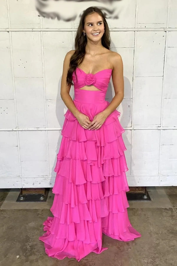 Sweetheart Strapless Chiffon Flower Long Prom Dress with Slit TP1371-Tirdress