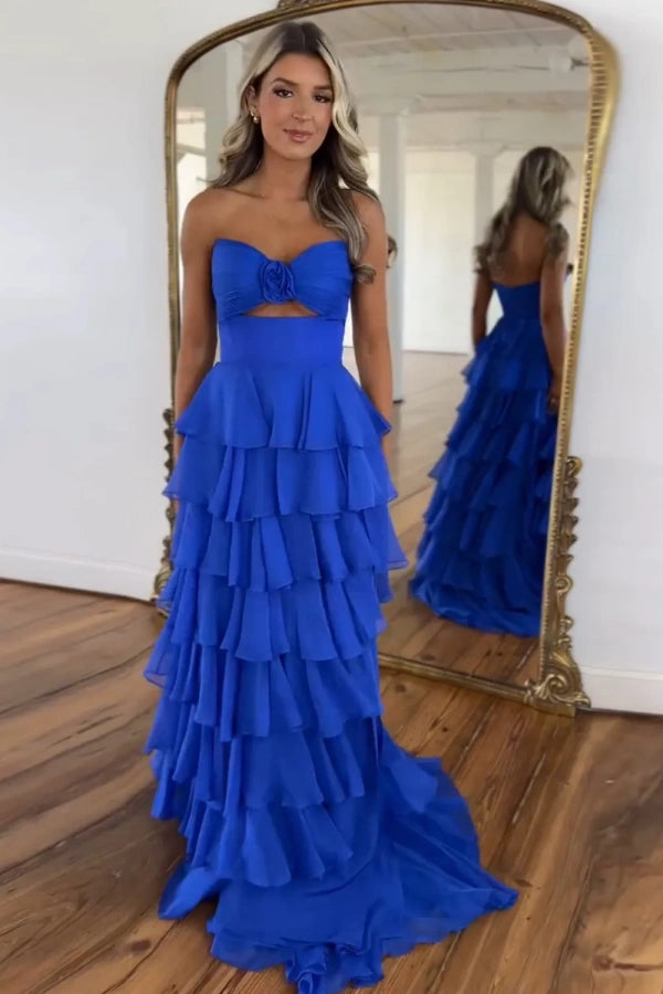 Sweetheart Strapless Chiffon Flower Long Prom Dress with Slit TP1371-Tirdress