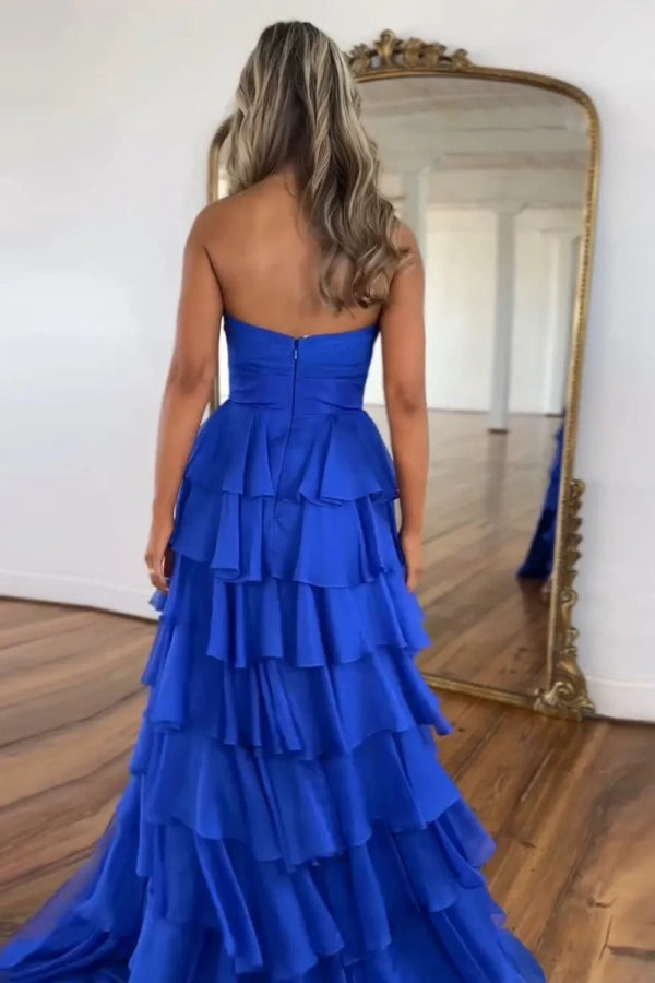 Sweetheart Strapless Chiffon Flower Long Prom Dress with Slit TP1371 -Tirdress