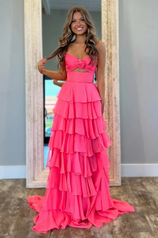 Sweetheart Strapless Chiffon Flower Long Prom Dress with Slit TP1371 -Tirdress