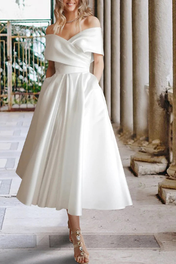Tea Length Off The Shoulder A-Line Satin Beach Wedding Dress with Pockets TN387-Tirdress