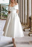 Tea Length Off The Shoulder Satin Wedding Dress with Pockets TN387