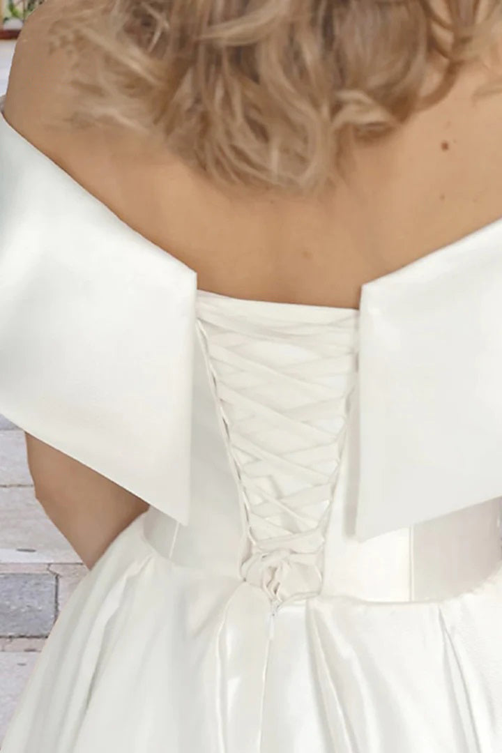 Tea Length Off The Shoulder A-Line Satin Beach Wedding Dress with Pockets TN387-Tirdress